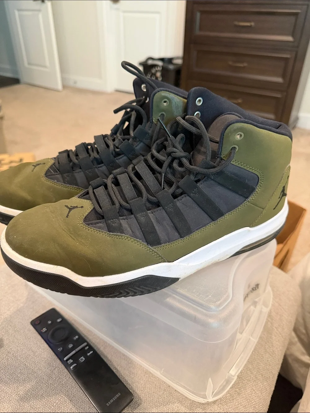Jordan Max Aura Green Camo and Black High-Top Basketball Sneakers